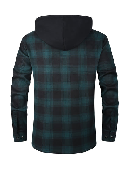 Men's Fleece-Lined Hoodie - Casual & Sporty, Plaid Pullover with Button Detail, Long Sleeve, Loose Fit for Fall/Winter