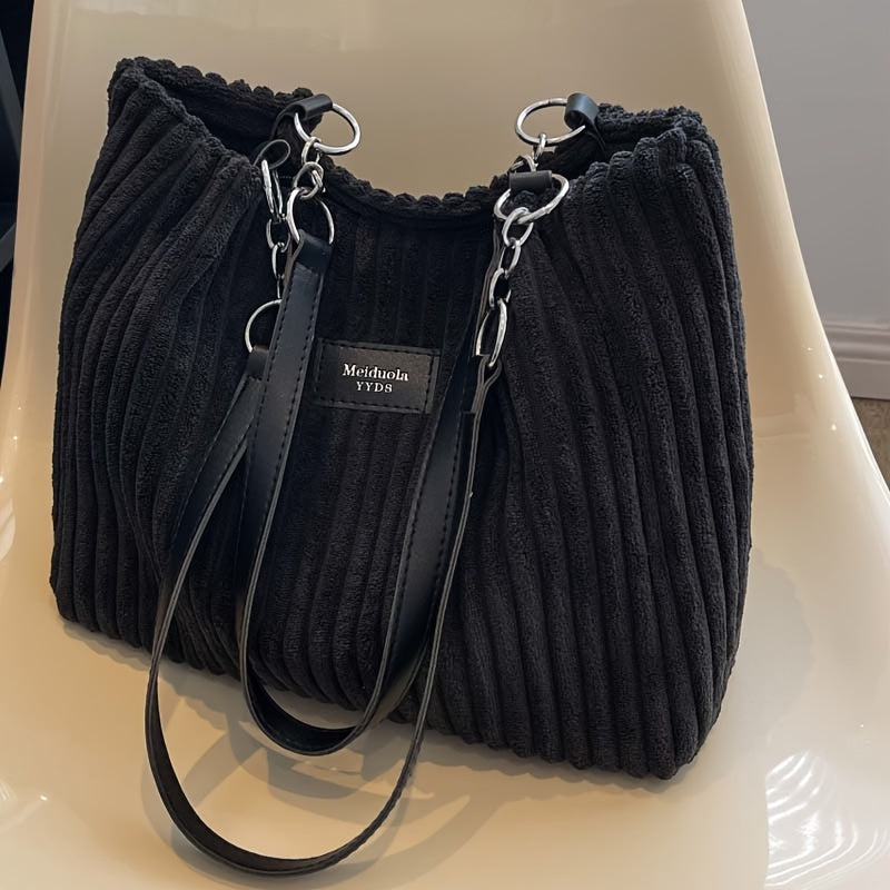 [Travel Essential] Women'S Corduroy Tote Bag - Large Capacity Shoulder Bag with Fixed Strap, Zipper Closure, and Ribbed Texture in Brown/Grey/Black/White for Commuting and Short Trips, Casual Shoulder Bag | Minimalist Shoulder Bag | Soft Texture