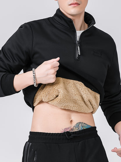 Men's Thermal Stand Collar Sweatshirt - Winter Warm Pullover, Black Casual Everyday & Formal Cold Weather Clothing, Seasonal Fashion, Stylish Pullover, Quality Stitching, Lined Jacket, Outdoor Enthusiasts