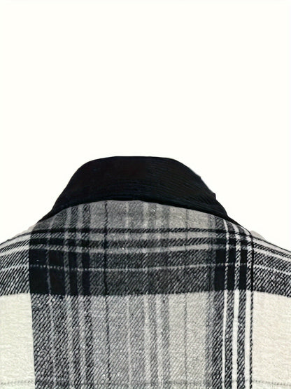 Plaid Print Drop Shoulder Jacket, Casual Lapel Neck Long Sleeve Button Front Jacket For Fall & Spring, Women's Clothing
