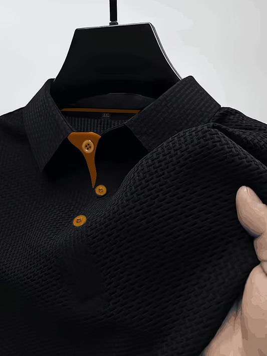 Men's Summer Ice Silky Fiber Short-Sleeve T-Shirt - Breathable Striped Casual Top with Classic Lapel Collar & Button Detail, Regular Fit for Casual Attire, Subtle Texture Shirt