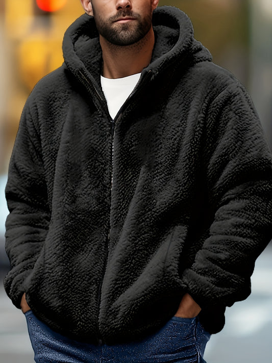 Men's Solid Color Fleece Lining Hooded Jacket, Casual Stylish Sports Warm Coat for Winter and Autumn Outdoor Wear, As Gift