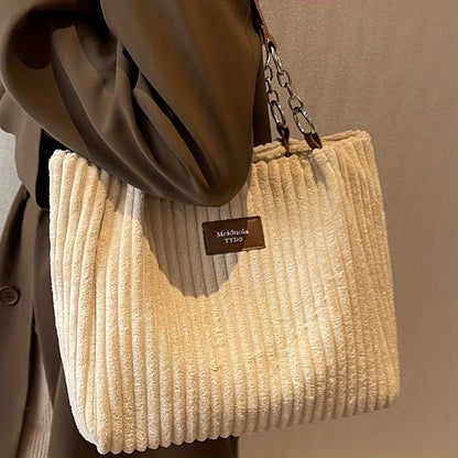 [Travel Essential] Women'S Corduroy Tote Bag - Large Capacity Shoulder Bag with Fixed Strap, Zipper Closure, and Ribbed Texture in Brown/Grey/Black/White for Commuting and Short Trips, Casual Shoulder Bag | Minimalist Shoulder Bag | Soft Texture