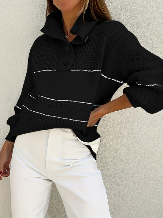 [Elegant Turtleneck Sweater] White Women's Elegant High-Neck Turtleneck Sweater | Thick Long Sleeve Pullover with Black Button Detail & Twist Hem, Soft Fabric, Loose Fit Design for All-Season Casual & Formal Wear