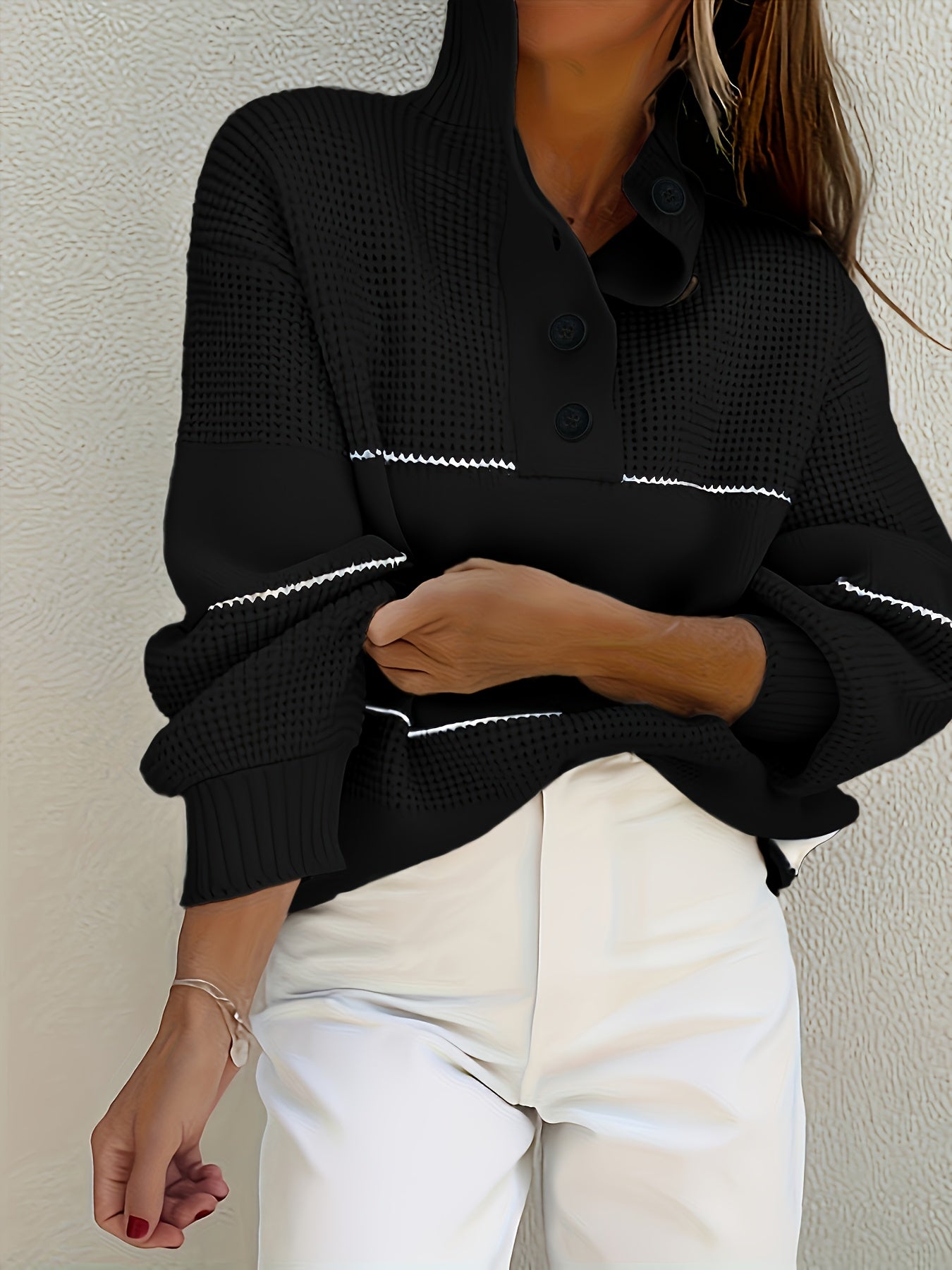 [Elegant Turtleneck Sweater] White Women's Elegant High-Neck Turtleneck Sweater | Thick Long Sleeve Pullover with Black Button Detail & Twist Hem, Soft Fabric, Loose Fit Design for All-Season Casual & Formal Wear