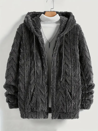 Fleece Polyester Knit Hooded Zip Long Sleeve Jacket