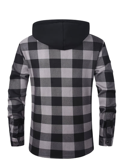 Men's Fleece-Lined Hoodie - Casual & Sporty, Plaid Pullover with Button Detail, Long Sleeve, Loose Fit for Fall/Winter