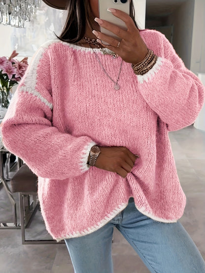 Solid Off-the-Shoulder Color Block Knit Sweater - Casual, Polyester, Fall/Winter, Knit Fabric, 88.2 g/m²