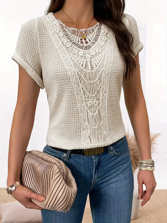 Solid Spandex Sweater Lace Splicing Crew