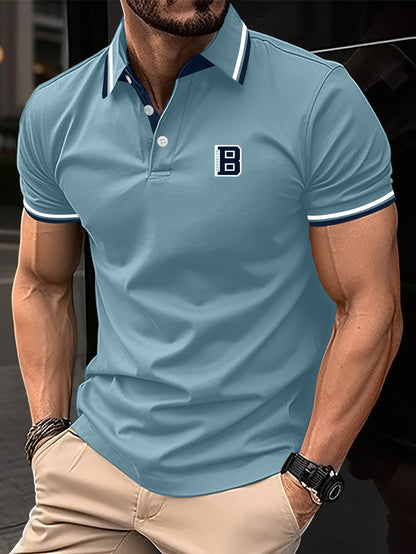 Men's Trendy Simple Letter Print Color Block Short Sleeve Button Up Lapel Shirt For Summer Daily, Golf Shirt