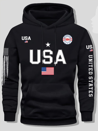 Men'S Fleece Hoodie with USA Flag Pattern, Unisex Casual Pullover with 'United States' Lettering, Suitable for Students And Couples, Stylish Sweatshirt for Autumn And Winter, 2025 Spring Pullover Sports Hoodie, Knit