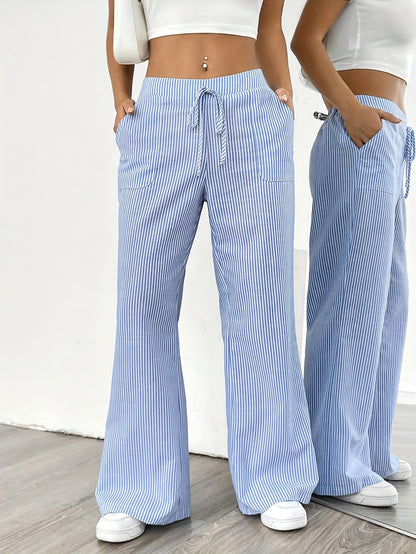 Slant Pockets Wide Leg Pants, Casual Striped Print Loose Drawstring Waist Pants For Spring & Summer, Women's Clothing