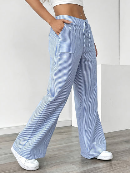 Slant Pockets Wide Leg Pants, Casual Striped Print Loose Drawstring Waist Pants For Spring & Summer, Women's Clothing