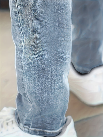 Men'S Slim-Fit Stretch Denim Jeans - Light Blue, Casual Style, All-Season Comfort, Regular Fit, Solid Color, Washed Finish, Perfect for Teens, Teenage Fashion|Casual Style Jeans|Woven Denim