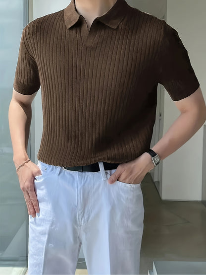 2024 New Men'S Small Hole Short Sleeve Polo Shirt Knitted Sweater - Beige, Medium Stretch, Solid Color, Regular Fit, All-Season Casual Wear, Casual Wear Sweater|Minimalist Style|Knit Construction, Sweater Vest