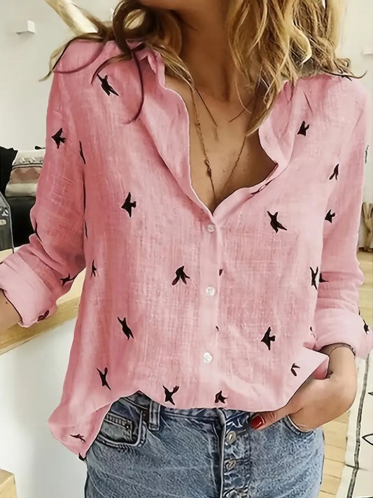 Spandex Blouse Bird Print Button