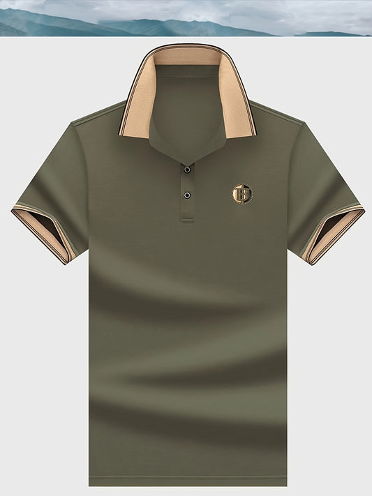Men'S Summer Short Sleeve Polo Shirt, Embroidered Geometric Pattern, Casual Polyester Knit Fabric, Regular Fit, Half Placket, 160g/m² - Solid Color Top with Hotfix Rhinestones