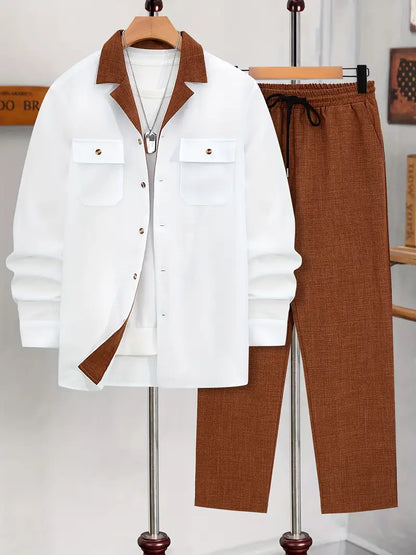 Polyester Button-Up Long Sleeve 2-Piece Pants