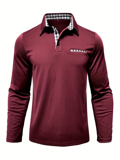 2024 Fall Casual Men'S Long Sleeve Polo Shirt with Color Block Design, Polyester Knit Fabric, Regular Fit, Half Placket, and Slight Stretch