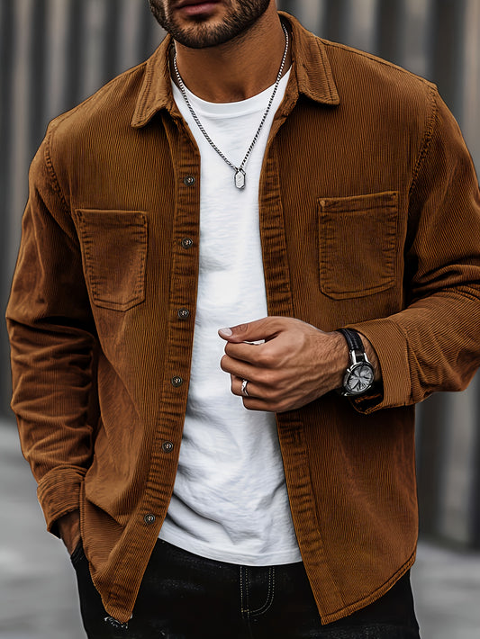 Men'S Corduroy Casual Shirt Jacket - Classic Collar, Button-Up Long Sleeve with Double Chest Pockets, Light Blue, Perfect for Spring & Fall, Everyday Fashion, Street Style, and Office Wear