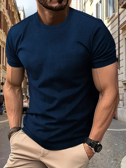 Men's Solid Color Waffle Knit T-Shirt - Breathable Stretch Fabric, Moisture-Wicking Round Neck Short Sleeve Tee for Summer Outdoor Sports & Casual Wear