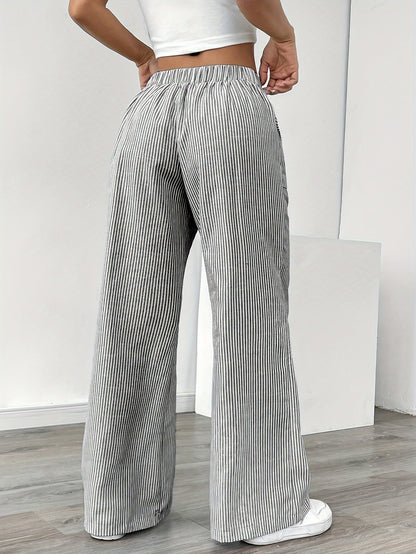 Slant Pockets Wide Leg Pants, Casual Striped Print Loose Drawstring Waist Pants For Spring & Summer, Women's Clothing