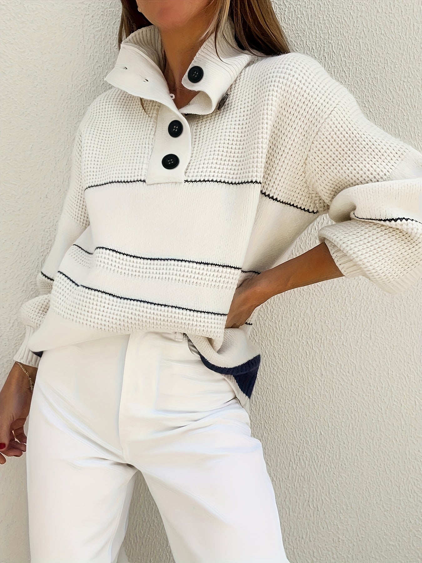 [Elegant Turtleneck Sweater] White Women's Elegant High-Neck Turtleneck Sweater | Thick Long Sleeve Pullover with Black Button Detail & Twist Hem, Soft Fabric, Loose Fit Design for All-Season Casual & Formal Wear