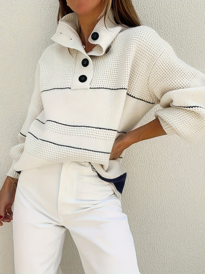 [Elegant Turtleneck Sweater] White Women's Elegant High-Neck Turtleneck Sweater | Thick Long Sleeve Pullover with Black Button Detail & Twist Hem, Soft Fabric, Loose Fit Design for All-Season Casual & Formal Wear