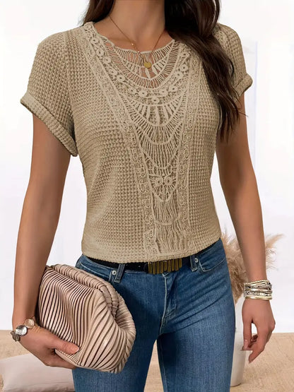 Solid Spandex Sweater Lace Splicing Crew