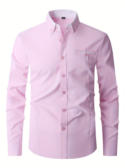 Men's Contrast Collar Design Lapel Collar Design Dress Shirts, Long Sleeve Casual Button Up Shirt For Formal Occasions
