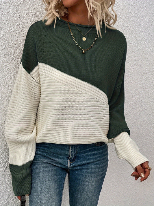 Womens Elegant Color Block Funnel Neck Pullover Sweater - Soft High Elasticity Acrylic Knit Fabric, Long Sleeve Drop Shoulder Design, Easy Care Hand Wash or Dry Clean, Perfect for Fall and Winter - Classic Style for Casual Daily Wear