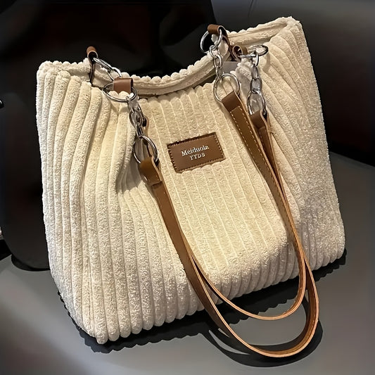 [Travel Essential] Women'S Corduroy Tote Bag - Large Capacity Shoulder Bag with Fixed Strap, Zipper Closure, and Ribbed Texture in Brown/Grey/Black/White for Commuting and Short Trips, Casual Shoulder Bag | Minimalist Shoulder Bag | Soft Texture