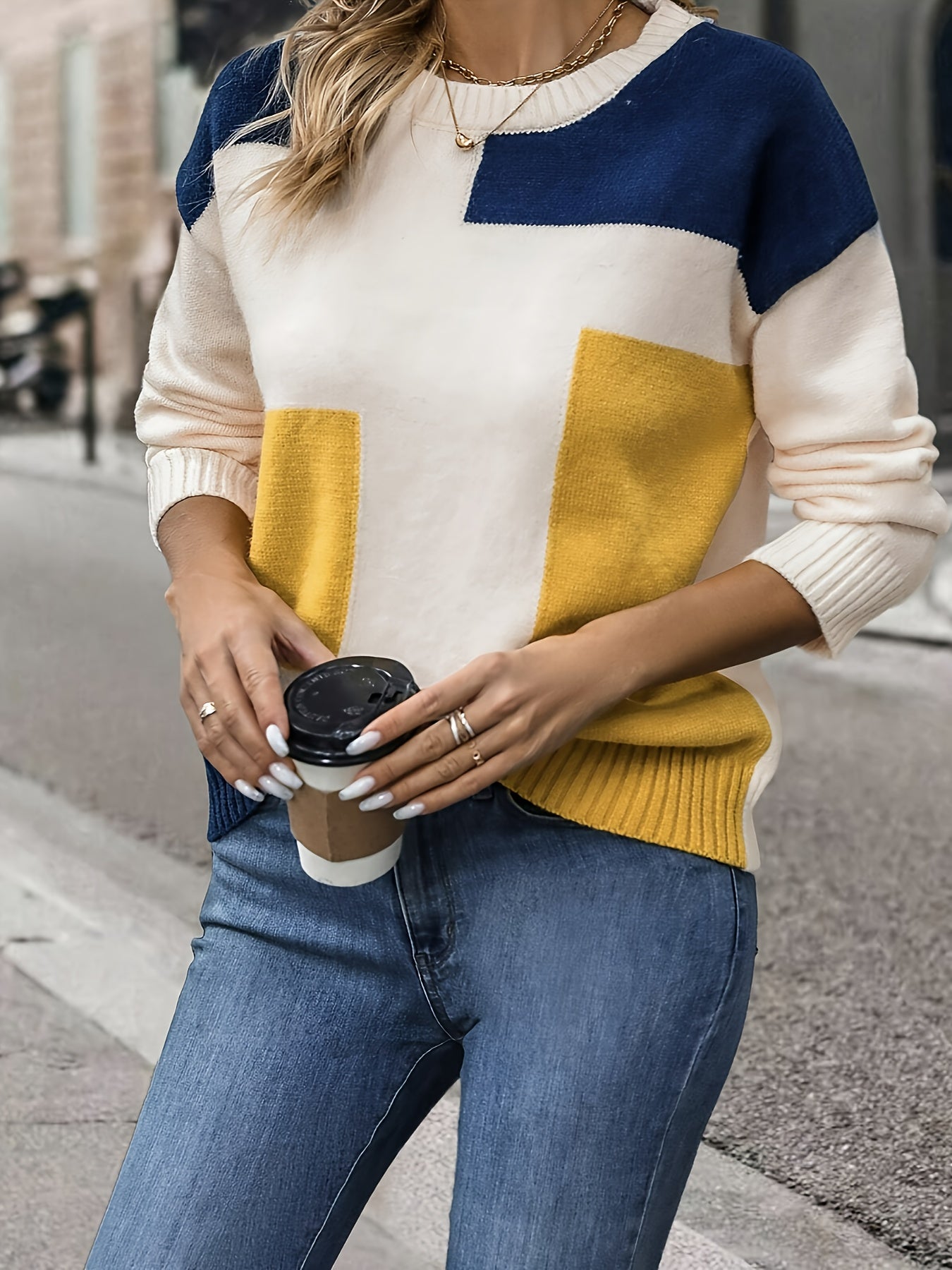 [Soft Sweater] Soft Women's Color-Block Round Neck Sweater | Relaxed Drop Shoulder Long Sleeve Pullover, Easy-Care Hand Wash/Dry Clean, Everyday Comfort Wear, Drop Shoulder Style, Quality Craftsmanship, Spring Fashion, Chic Knitwear, Lightweight