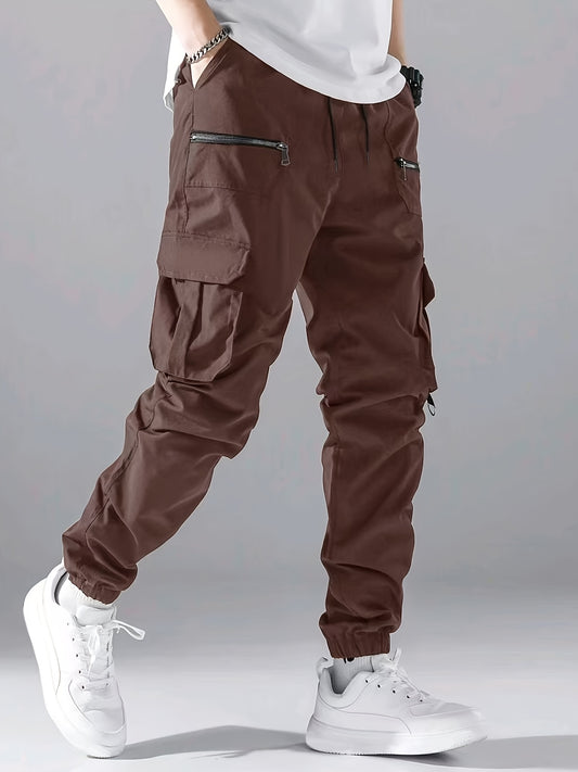 Men'S Stylish Multi-Pocket Drawstring Casual Pants - Black, Polyester, Non-Stretch Fabric, Regular Fit, with Pockets for Daily & Casual Wear, Casual Wear Pants|Casual Style Pants|Polyester Fabric