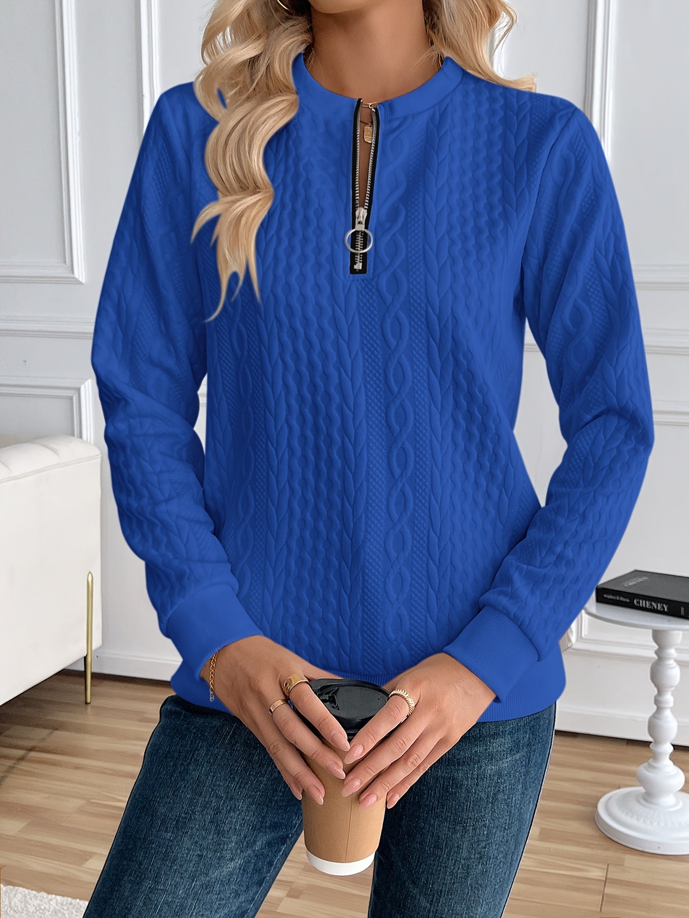 Chic Women's Half-Zip Pullover Sweatshirt - Elegant Solid Color Long Sleeve with Textured Cable Knit, Baseball Collar & Front Zipper, Polyester Blend, Machine Washable, Spring/Fall Casual Wear, Everyday Sweatshirt | Baseball Collar Top | Ribbed