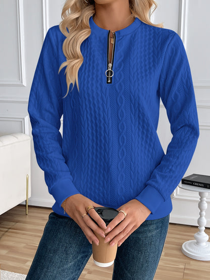 Chic Women's Half-Zip Pullover Sweatshirt - Elegant Solid Color Long Sleeve with Textured Cable Knit, Baseball Collar & Front Zipper, Polyester Blend, Machine Washable, Spring/Fall Casual Wear, Everyday Sweatshirt | Baseball Collar Top | Ribbed