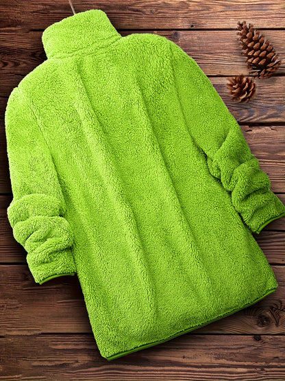 [Long Sleeve Winter Teddy Coat] Zip Up Solid Teddy Coat, Casual Long Sleeve Winter Outerwear, Women's Clothing
