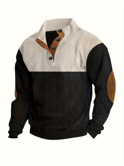 Retro Color Block Knitted Ribbed Sweater, Men's Casual Warm Mid Stretch Stand Collar Pullover Sweater For Men Fall Winter, Old Money Style