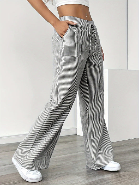 Slant Pockets Wide Leg Pants, Casual Striped Print Loose Drawstring Waist Pants For Spring & Summer, Women's Clothing