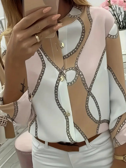 Geometric Polyester Blouse Chain Print Button