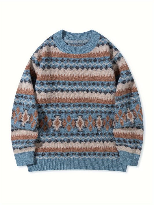 Men's Casual Color-Block Geometric Knit Sweater - Loose Fit Ribbed Detail Pullover, Machine Washable Autumn Winter Warm Crewneck Sweater for Casual Attire, Knitted Sweater, Durable Winter Wear