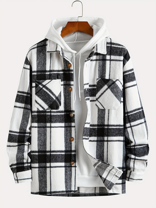 Men's Classic Black & White Plaid Lapel Collar Button-Front Jacket with Chest Pocket - Casual Semi-Formal Coat for Spring/Fall, Versatile Everyday & Semi-Formal Wear, Easy-Care Traditional Outerwear (Hand Wash/Dry Clean)