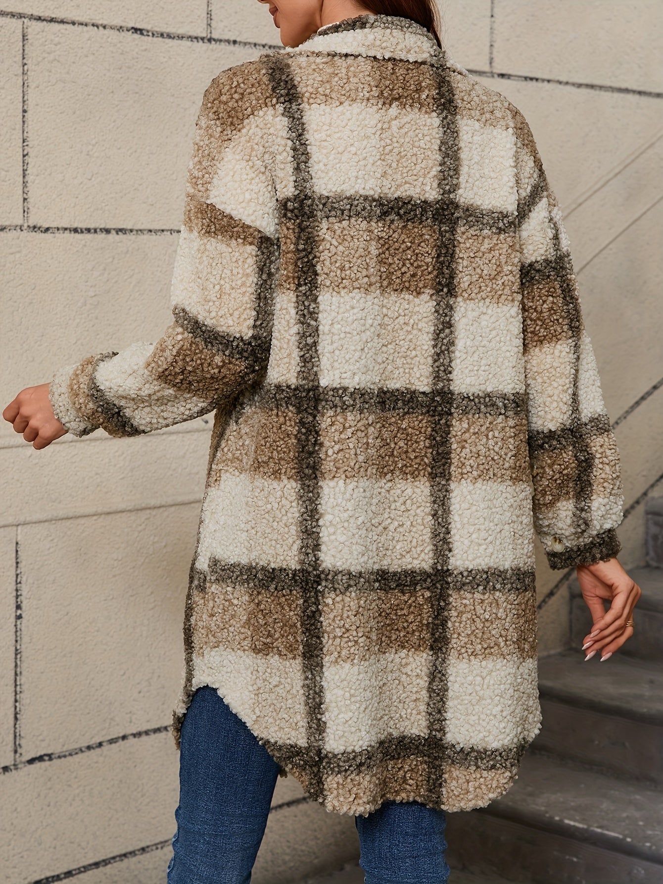 [Plaid Fuzzy Jacket] Fuzzy Plaid Pattern Jacket | Casual Thermal Long Sleeve Long Length Collar Coat For Fall & Winter, Women's Clothing