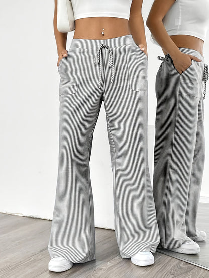 Slant Pockets Wide Leg Pants, Casual Striped Print Loose Drawstring Waist Pants For Spring & Summer, Women's Clothing