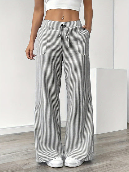 Slant Pockets Wide Leg Pants, Casual Striped Print Loose Drawstring Waist Pants For Spring & Summer, Women's Clothing