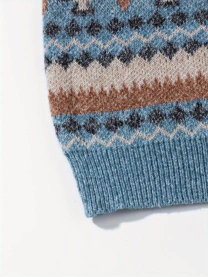 Men's Casual Color-Block Geometric Knit Sweater - Loose Fit Ribbed Detail Pullover, Machine Washable Autumn Winter Warm Crewneck Sweater for Casual Attire, Knitted Sweater, Durable Winter Wear