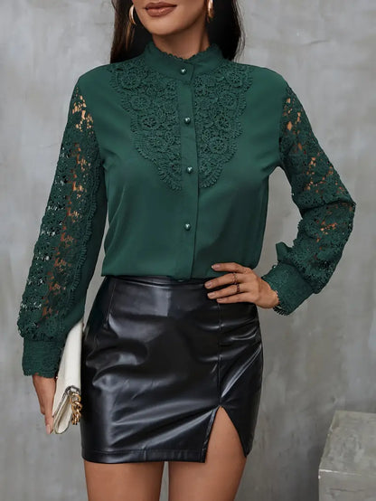 Solid Polyester Blouse Solid Contrast Lace