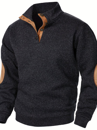 Men's Stand Collar Long Sleeve Casual Hoodie Top - Autumn Winter Warm Pullover with Button Detail, Solid Color Regular Fit for Casual Attire