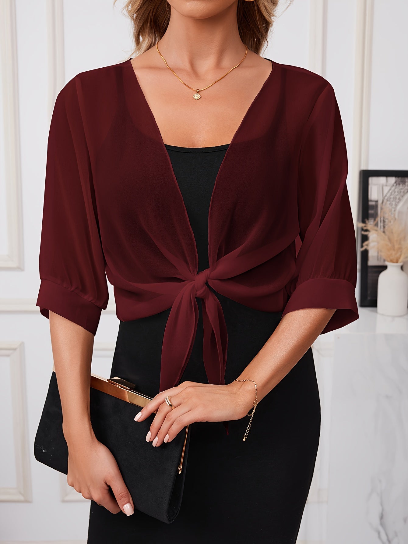 [Lightweight and Breathable] Elegant Shawl Wrap with Tie-Front Detail | Polyester | Lightweight and Breathable | Dress Accessory | Spring/Summer/Fall Events | Chic