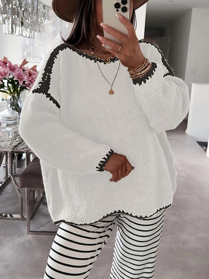Solid Off-the-Shoulder Color Block Knit Sweater - Casual, Polyester, Fall/Winter, Knit Fabric, 88.2 g/m²
